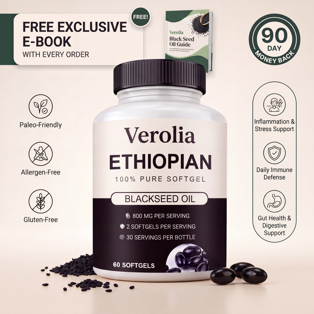Verolia Ethiopian Black Seed Oil Softgels bottle with softgels and product offer