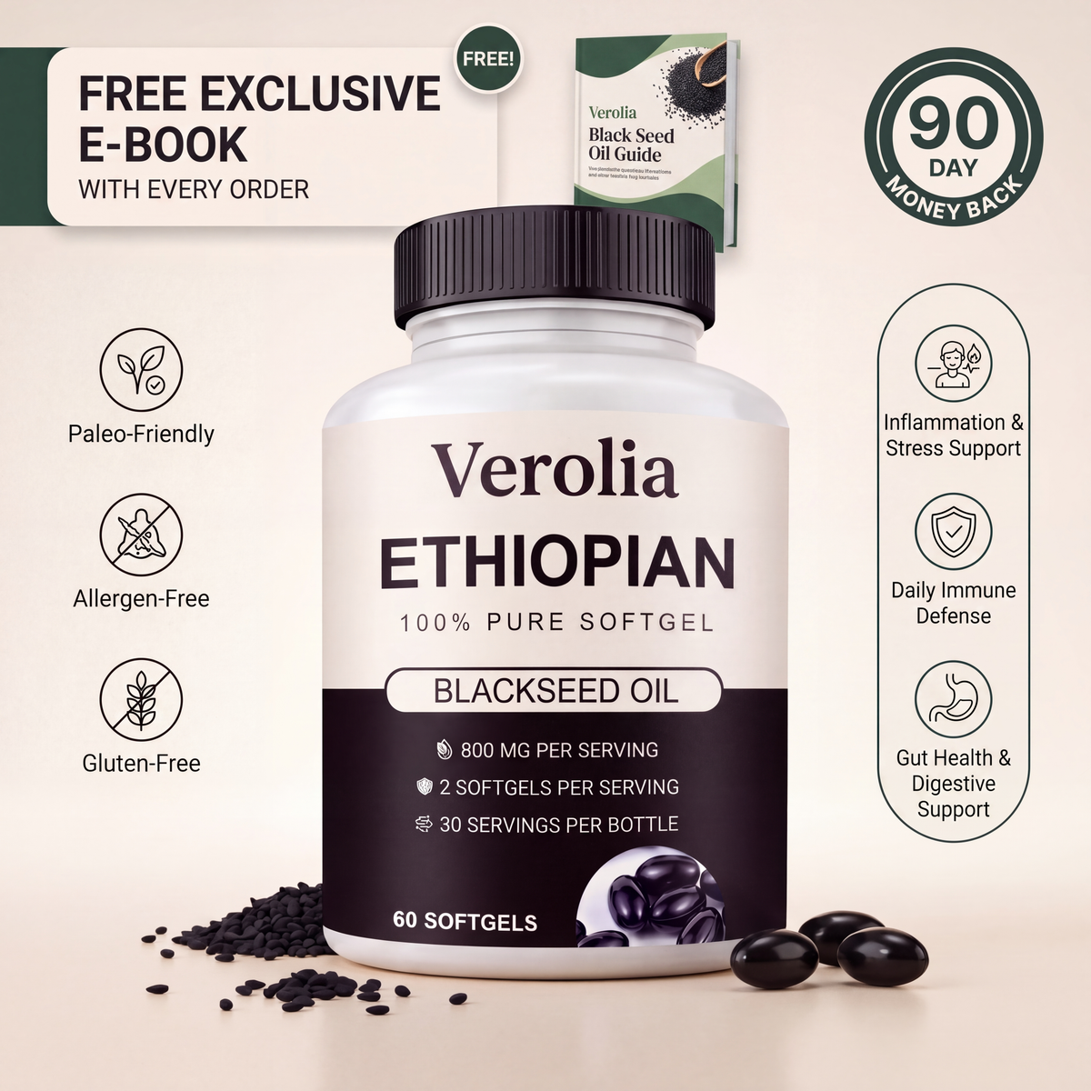 Verolia Ethiopian Black Seed Oil Softgels bottle with softgels and product offer
