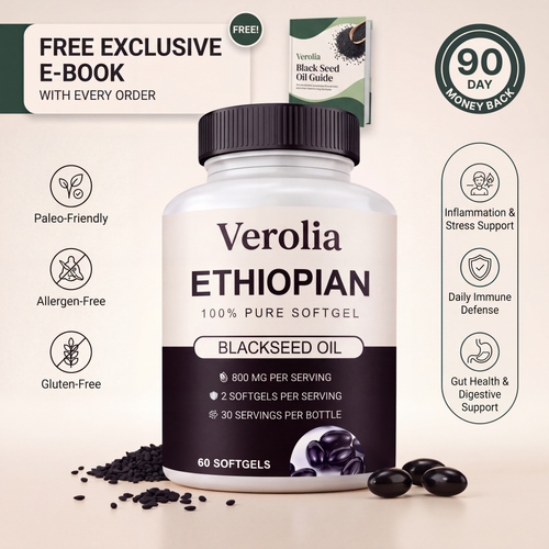 Verolia Ethiopian Black Seed Oil Softgels bottle with softgels and product offer