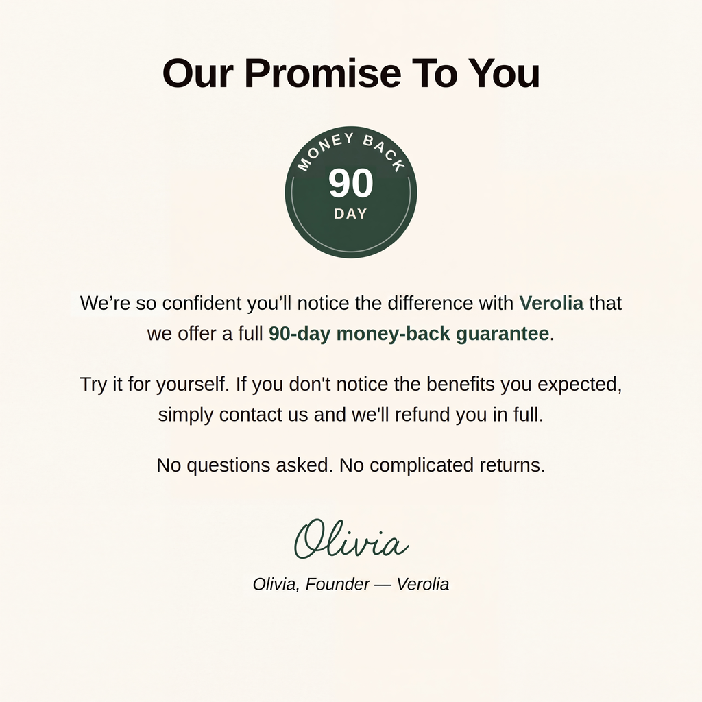 Verolia 90-day money-back promise signed by Olivia