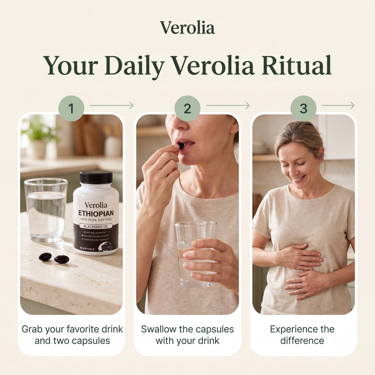 Your daily Verolia ritual: take two black seed oil softgels with water and make it part of your daily routine.